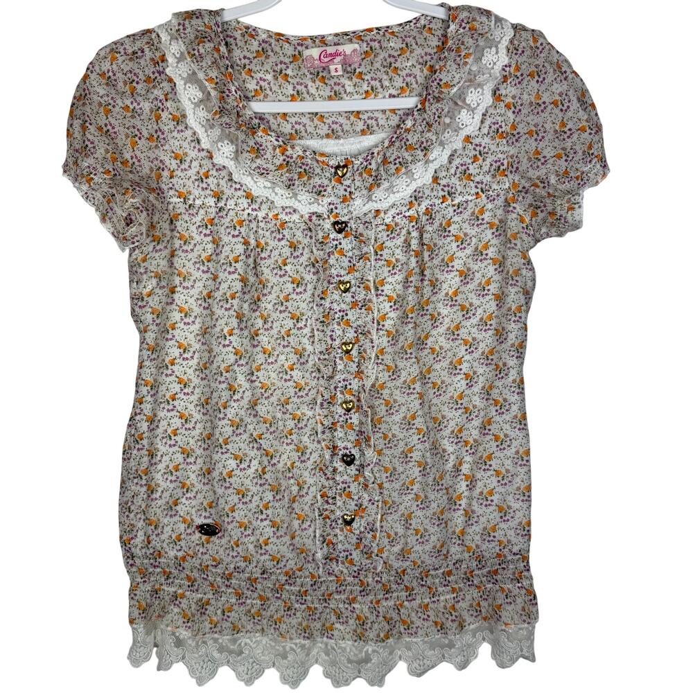 Candie's Floral Lace Y2K Top Trim Blouse Womens Size S Cream Cottagecore Bohoโ